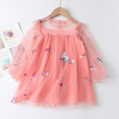Princess Unicorn Print Knitted Sweater Mesh Dress