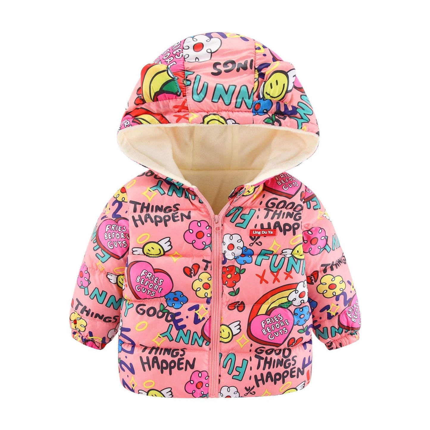Space Toon Pattern Pink Hooded Parka Jacket
