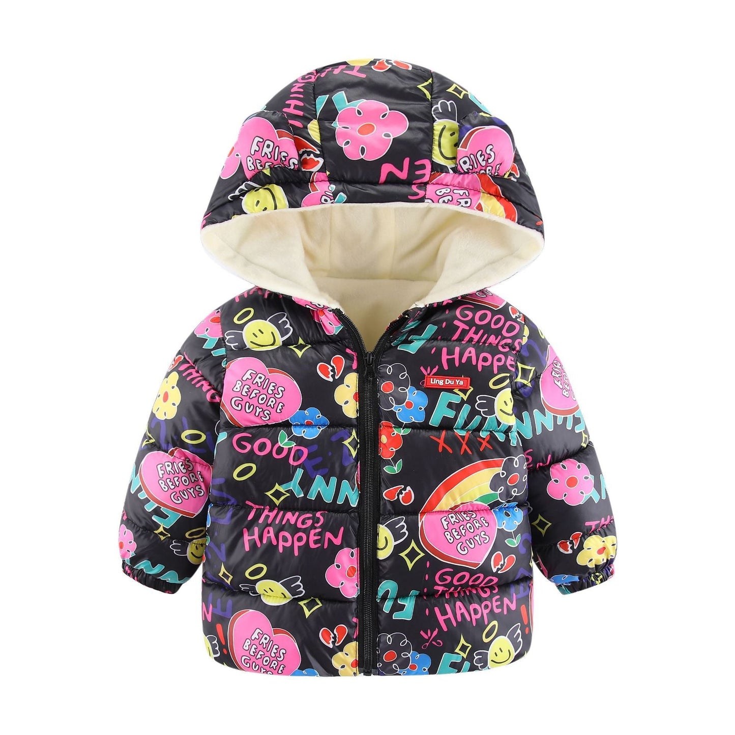 Space Toon Pattern Pink Hooded Parka Jacket
