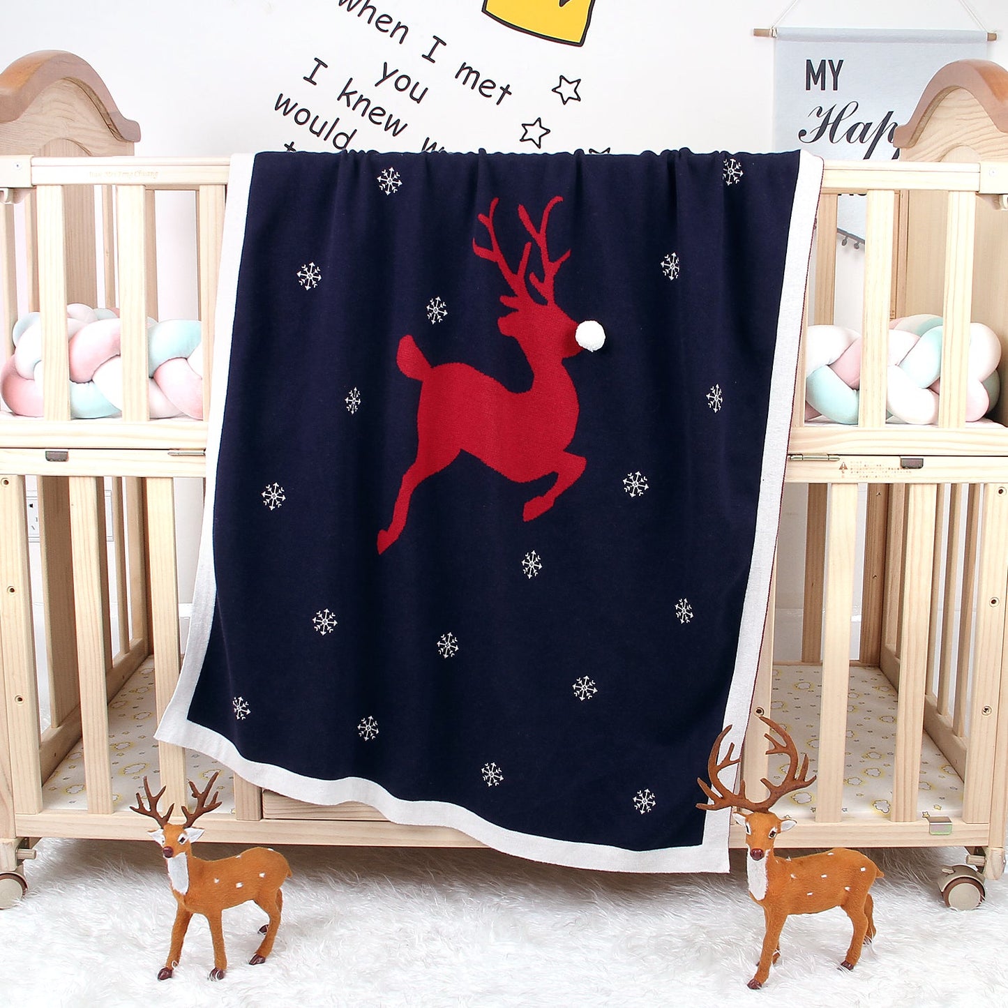 Christmas Elk Printed Wool Ball Solid Color Holding Blanket