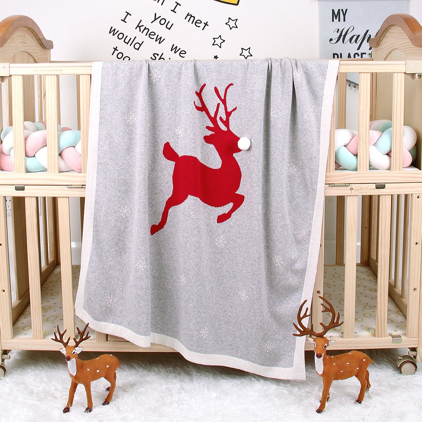Christmas Elk Printed Wool Ball Solid Color Holding Blanket