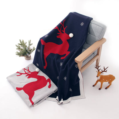 Christmas Elk Printed Wool Ball Solid Color Holding Blanket