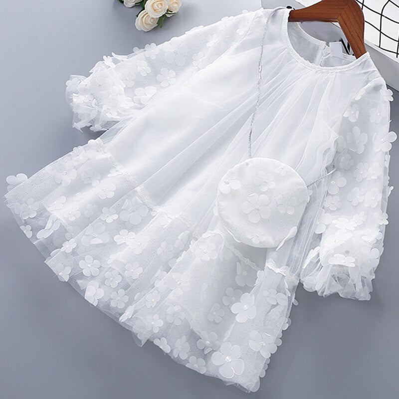 Floral Design Multi-Layer Long Sleeve Girl Mesh Dress