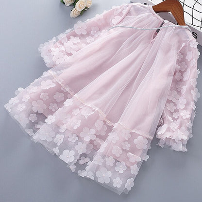 Floral Design Multi-Layer Long Sleeve Girl Mesh Dress