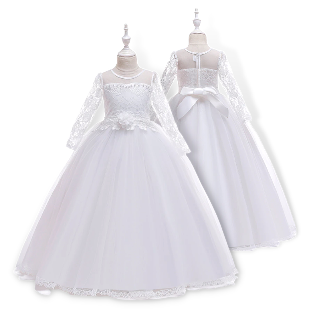 Floral Lace Top Long Sleeves Girls Elegant White Gown