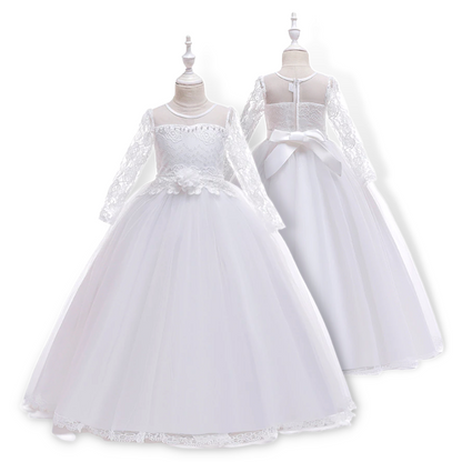 Floral Lace Top Long Sleeves Girls Elegant White Gown