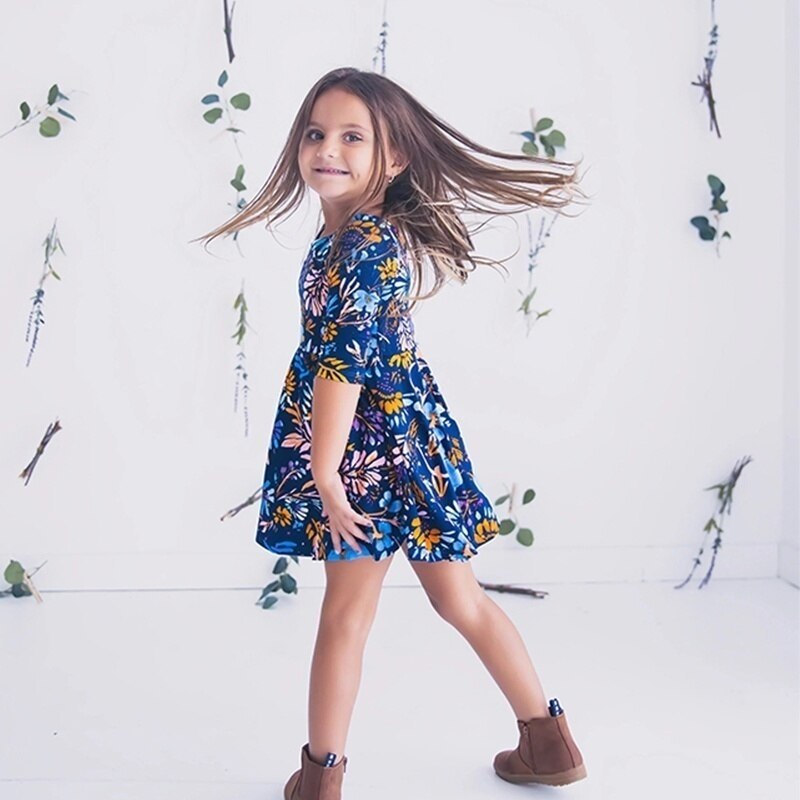 Blue Floral Printed Mommy and Me Matching Dress
