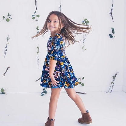 Blue Floral Printed Mommy and Me Matching Dress
