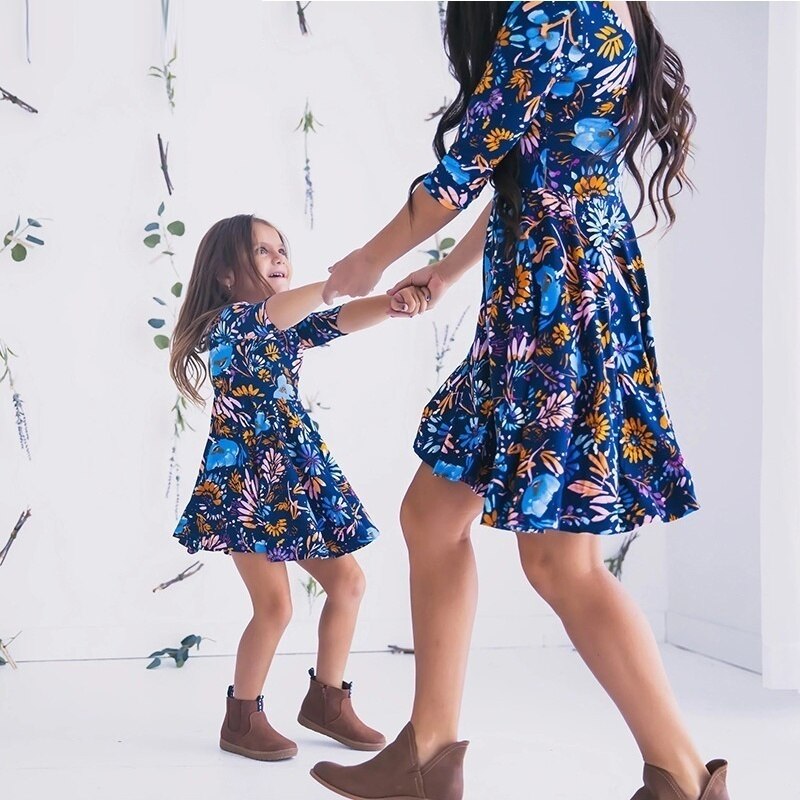 Blue Floral Printed Mommy and Me Matching Dress