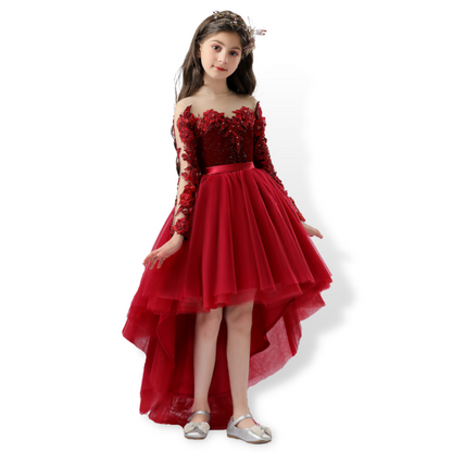Fiery Red Detailed Floral Lace Design Princess Party Dress