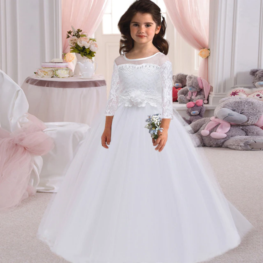 Floral Lace Top Long Sleeves Girls Elegant White Gown