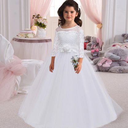 Floral Lace Top Long Sleeves Girls Elegant White Gown