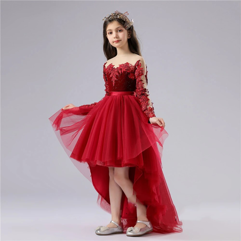 Fiery Red Detailed Floral Lace Design Princess Party Dress