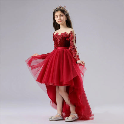 Fiery Red Detailed Floral Lace Design Princess Party Dress
