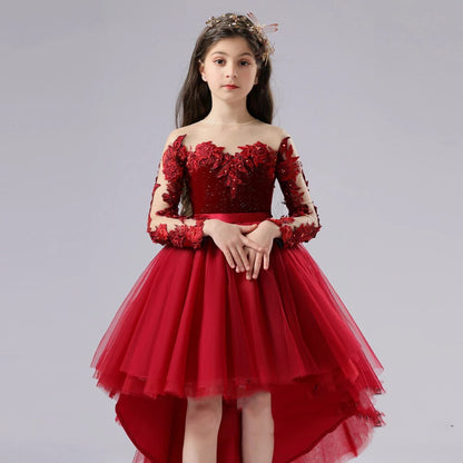 Fiery Red Detailed Floral Lace Design Princess Party Dress