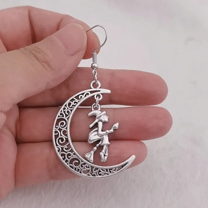 Flying Witch Crescent Moon Earrings