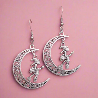 Flying Witch Crescent Moon Earrings