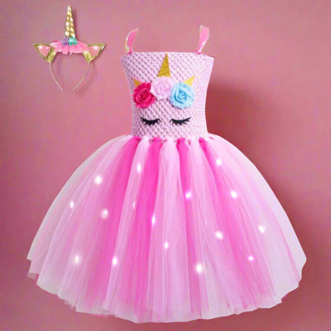 Glowing LED Light Unicorn Girls Party Tulle Dress