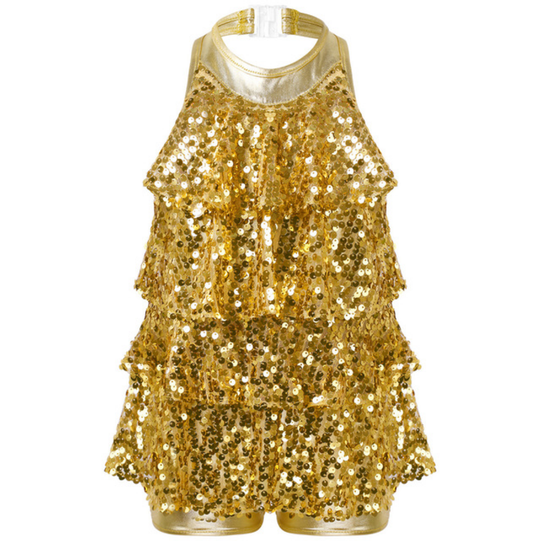 Shiny Sequins Halter Ballet Dance Shorty Unitard Dress