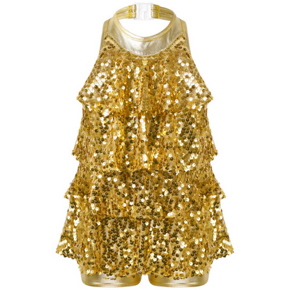Shiny Sequins Halter Ballet Dance Shorty Unitard Dress