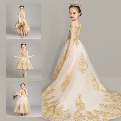 Golden Sequin Embroidered Tulle Princess Flower Girl Dress