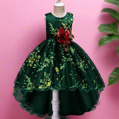 Rose Patch Floral Printed Girls Fashion Party Dress