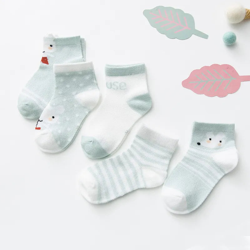 5 Pairs Infant Baby Socks (Newborn-2Y) - Cotton Mesh, Cute & Comfy