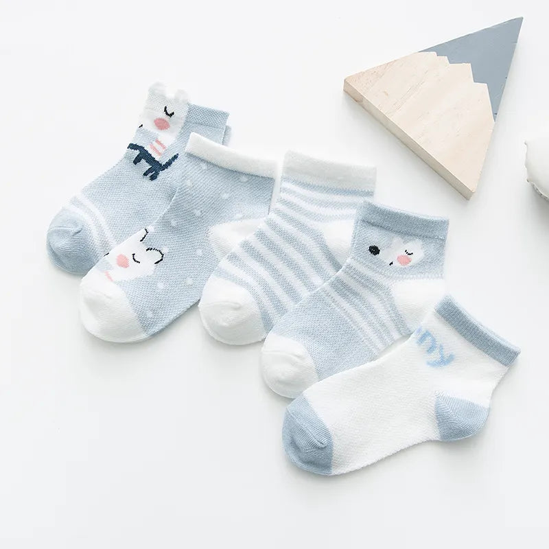 5 Pairs Infant Baby Socks (Newborn-2Y) - Cotton Mesh, Cute & Comfy