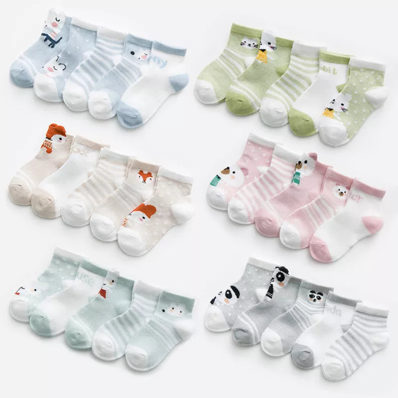5 Pairs Infant Baby Socks (Newborn-2Y) - Cotton Mesh, Cute & Comfy