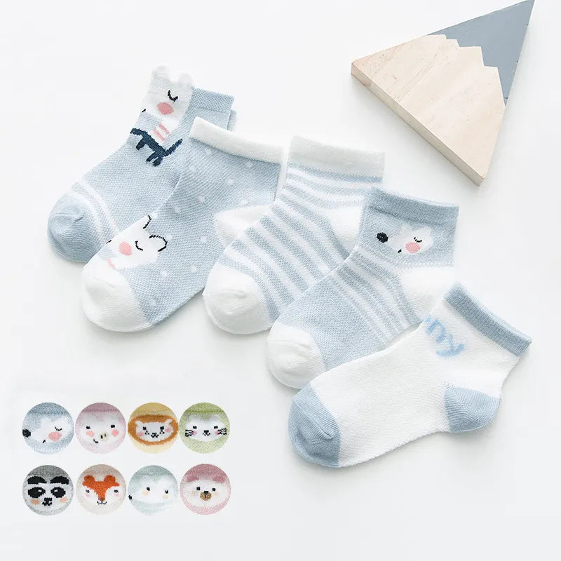 5 Pairs Infant Baby Socks (Newborn-2Y) - Cotton Mesh, Cute & Comfy