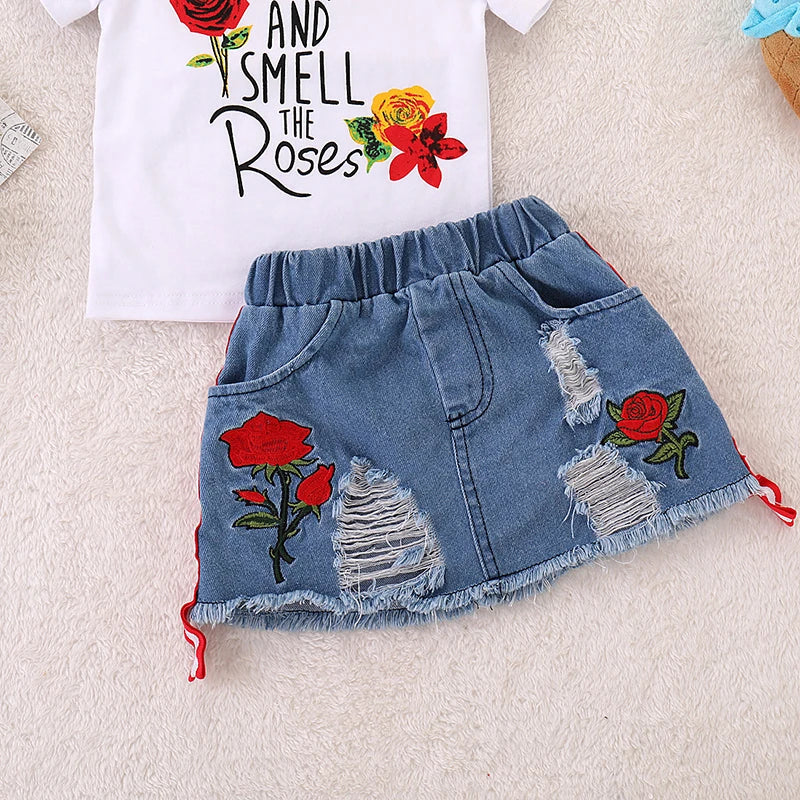 Embroidered Letter Print Girls' Summer Set: Pullover + Skirt