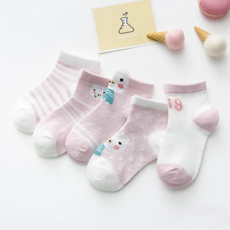 5 Pairs Infant Baby Socks (Newborn-2Y) - Cotton Mesh, Cute & Comfy