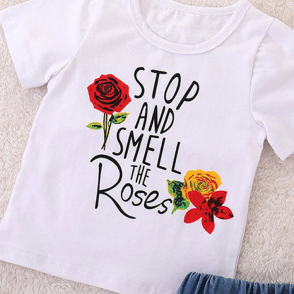 Embroidered Letter Print Girls' Summer Set: Pullover + Skirt