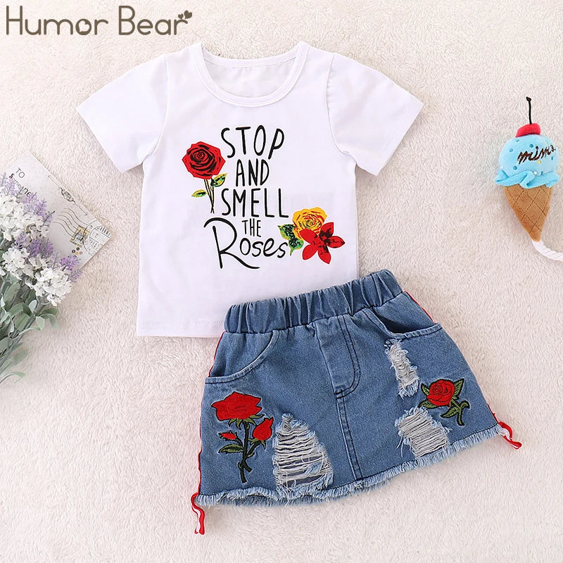 Embroidered Letter Print Girls' Summer Set: Pullover + Skirt