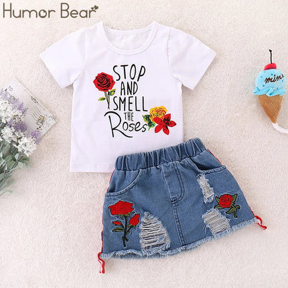 Embroidered Letter Print Girls' Summer Set: Pullover + Skirt