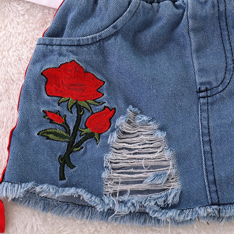 Embroidered Letter Print Girls' Summer Set: Pullover + Skirt