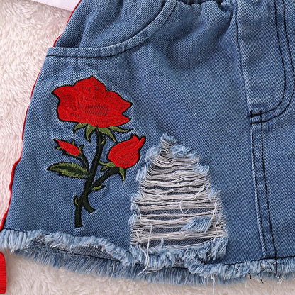 Embroidered Letter Print Girls' Summer Set: Pullover + Skirt