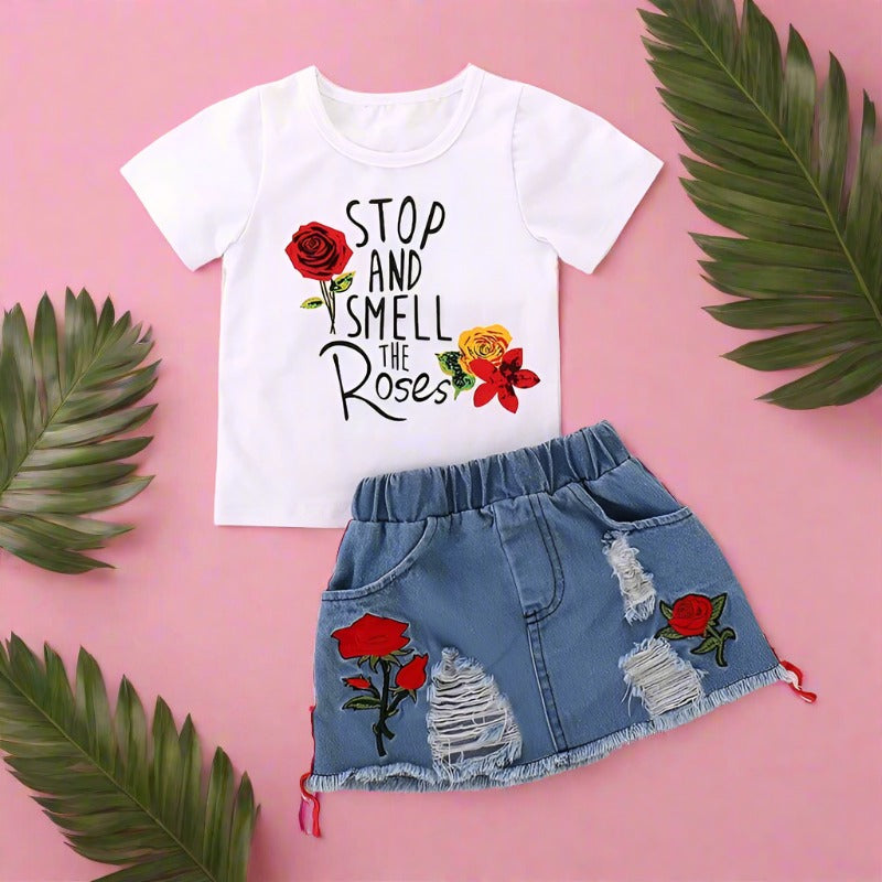 Embroidered Letter Print Girls' Summer Set: Pullover + Skirt