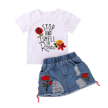 Embroidered Letter Print Girls' Summer Set: Pullover + Skirt