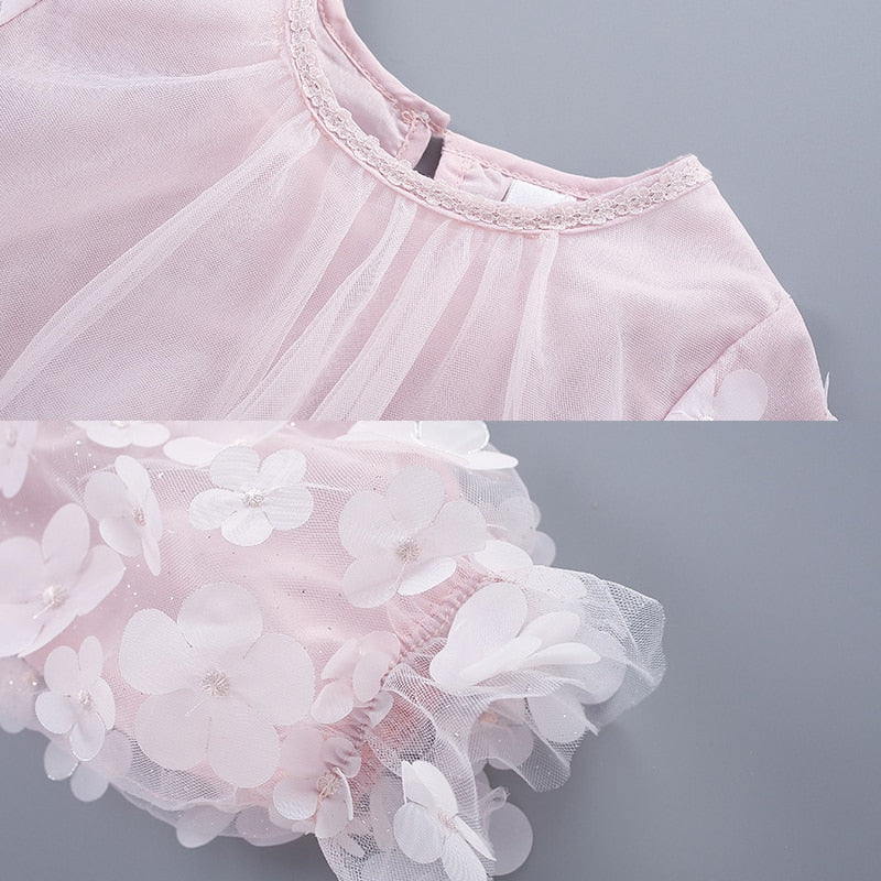 Floral Design Multi-Layer Long Sleeve Girl Mesh Dress