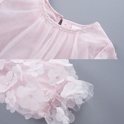 Floral Design Multi-Layer Long Sleeve Girl Mesh Dress