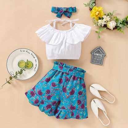 SLING RUFFLE TOP, FLORAL SHORT, AND HEADBAND SET