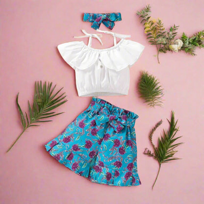 SLING RUFFLE TOP, FLORAL SHORT, AND HEADBAND SET