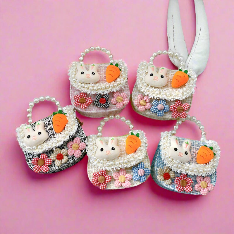 Cute Bunny with Carrot Tweed Pearl Handle Mini Bag