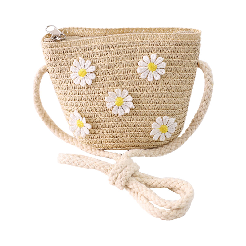 Kid Girl Daisy Flower Decor Straw Crossbody Bag