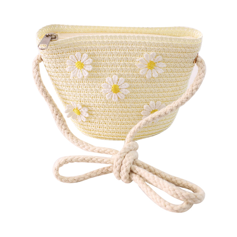Kid Girl Daisy Flower Decor Straw Crossbody Bag
