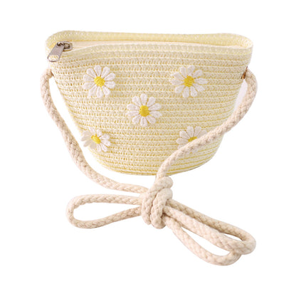 Kid Girl Daisy Flower Decor Straw Crossbody Bag