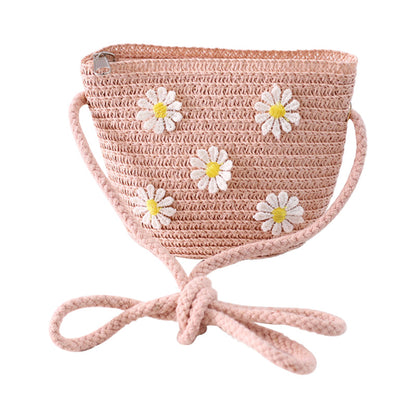 Kid Girl Daisy Flower Decor Straw Crossbody Bag