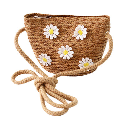 Kid Girl Daisy Flower Decor Straw Crossbody Bag