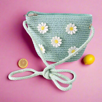 Kid Girl Daisy Flower Decor Straw Crossbody Bag